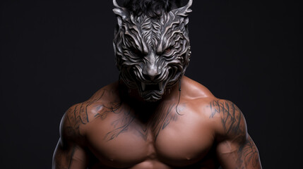 Muscular man tiger head mask, muscular build wearing an intricate, menacing wolf mask