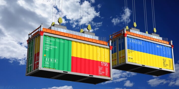 Shipping containers with flags of Benin and Ukraine - 3D illustration