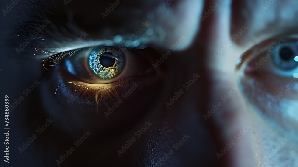 Poster macro eyes web surfer and the office worker, insurance broker, workaholic, while working in the offi