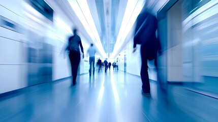 Fototapeta na wymiar businesspeople walking in the corridor of an business center, pronounced motion blur : Generative AI