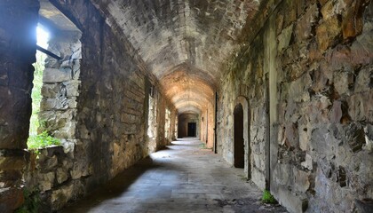 Fototapeta na wymiar narrow street in the town, old abandoned factory wall corridor texture stone building