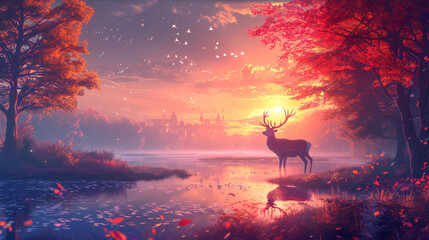 fantastic landscape with deer