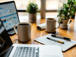 A young professional researching investment options on their laptop, with a cup of coffee and a notebook filled with notes