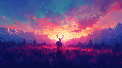 fantastic landscape with deer