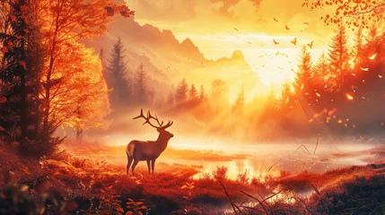 Poster fantastic landscape with deer © Cedar