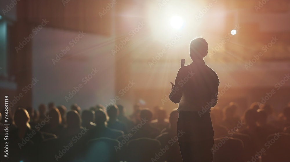 Poster speaker giving a talk at business meeting. audience in the conference hall. business and entrepreneu