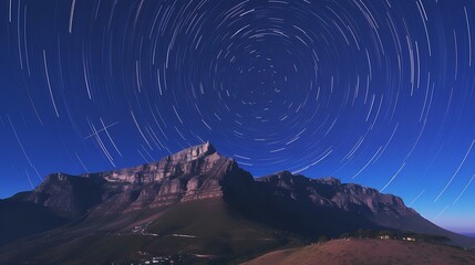 View of Table Mountain with star trail form Lion’s Head mountain, Cape Town, Cape Town, South Africa. : Generative AI