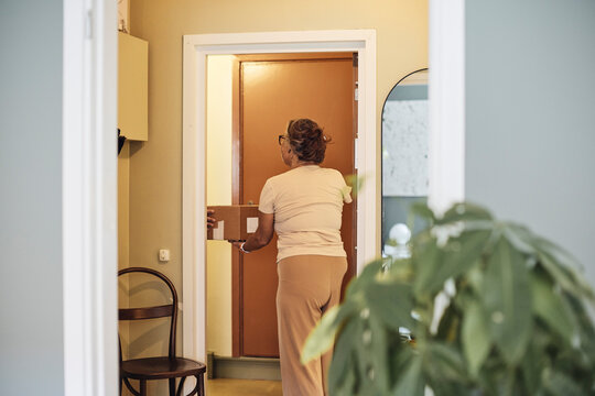 Rear view of mature woman receiving parcel while standing at doorway