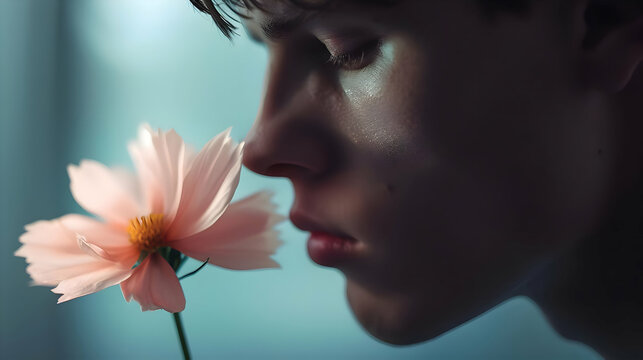 Man is smelling a pink flower cinematic photo highly detailed. High quality