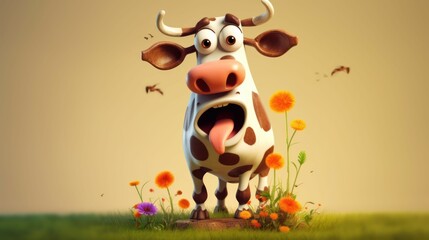 AI generated illustration of a cartoon cow grazing in a grassy field