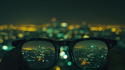 Night cityscape focused in glasses lenses : Generative AI - obrazy, fototapety, plakaty