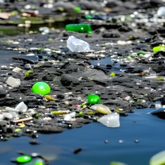 AI generated A polluted waterway full of muck and plastic garbage