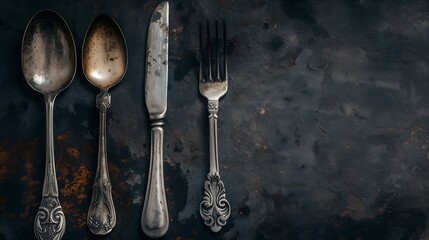 Rustic vintage set of cutlery knife, spoon, fork. Black background. Top view : Generative AI - obrazy, fototapety, plakaty