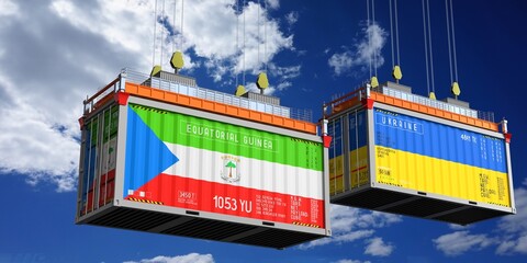 Shipping containers with flags of Equatorial Guinea and Ukraine - 3D illustration