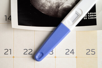 Pregnancy test with ultrasound scan of baby uterus, contraception health and medicine.