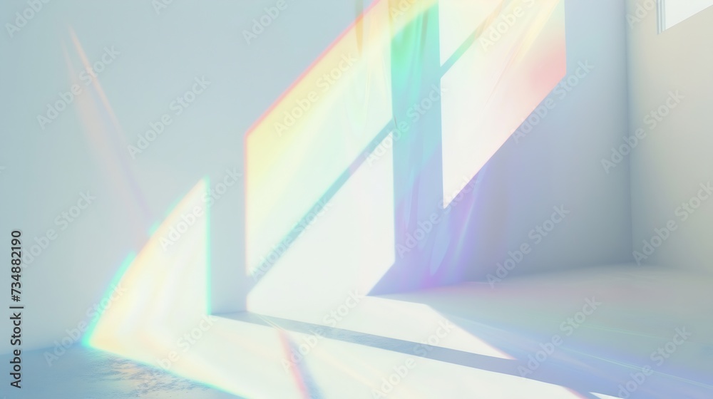 Poster Blurred rainbow light refraction texture overlay effect for photo and mockups. Organic drop diagonal holographic flare on a white wall. Shadows for natural light effects : Generative AI