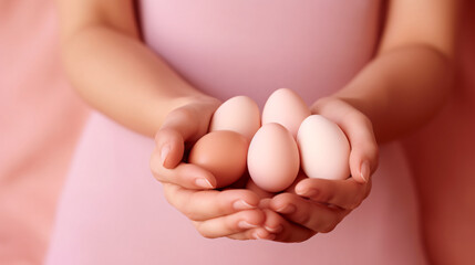 Female hand holding raw brown eggs