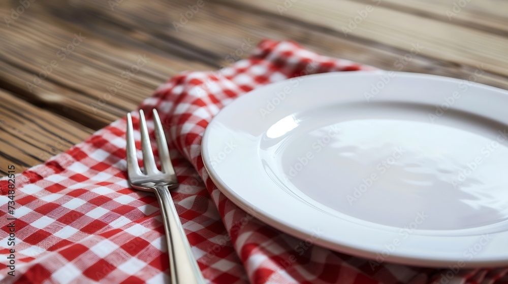 Poster white plate and fork on old wooden table with red checked tablecloth and copyspace : generative ai