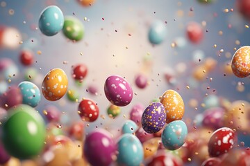 Fototapeta na wymiar Background of falling painted Easter eggs.