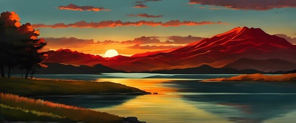 an image of a lake near mountains at sunset with a sky in the background - obrazy, fototapety, plakaty