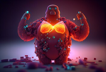 Autoimmune thyroiditis in obesity, conceptual 3D illustration showing an overweight patient and thyroid gland attacked by antibodies. Generative AI - obrazy, fototapety, plakaty