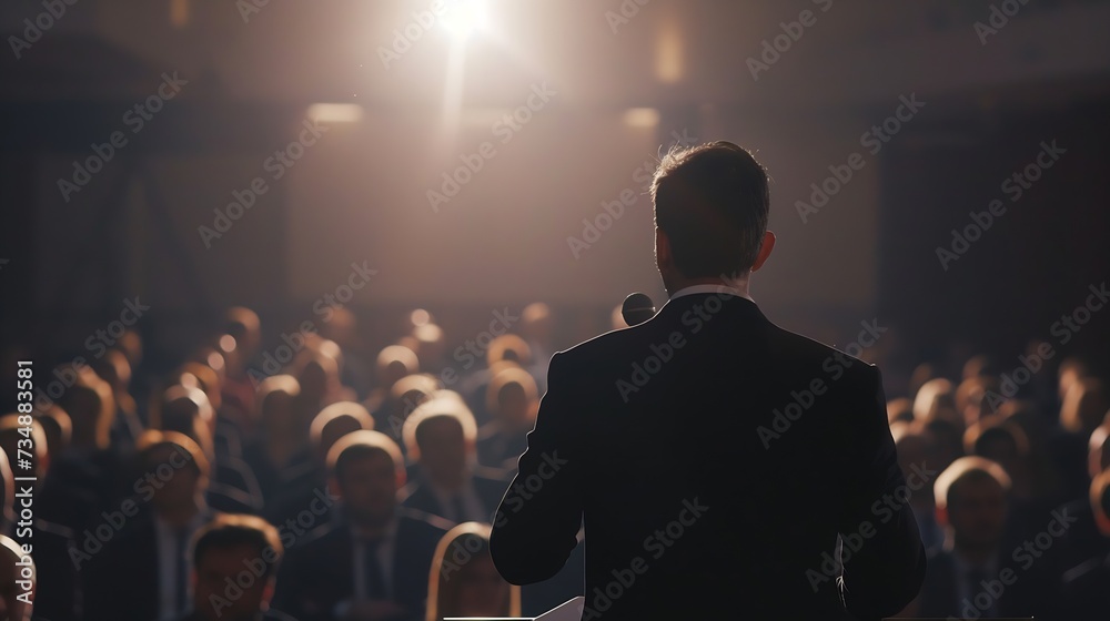 Poster speaker giving a talk at business meeting. audience in the conference hall. business and entrepreneu