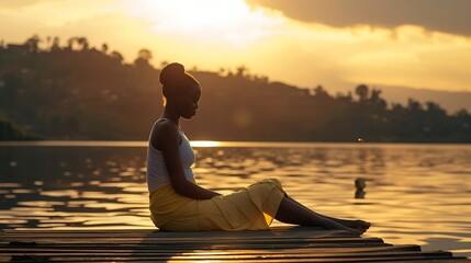 Peaceful lifestyle shot of woman sitting on dock at sunset on Lake Bunyonyi, Uganda, Africa. :...