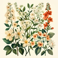 Vintage Botanical Illustration of Various Blooming Flowers