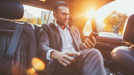 Luxury car businessman texting client, executive using smartphone in back seat of vehicle.