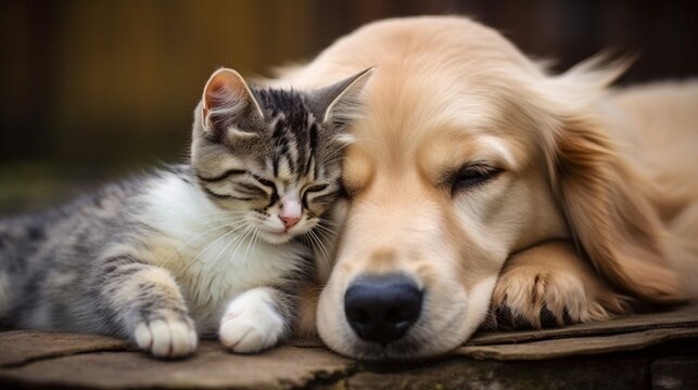 a heartwarming snapshot of a cat and dog curled up together, showcasing the unique bond and camaraderie that can exist between different animal friends