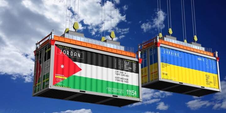 Shipping containers with flags of Jordan and Ukraine - 3D illustration