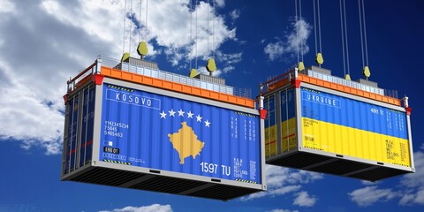 Shipping containers with flags of Kosovo and Ukraine - 3D illustration