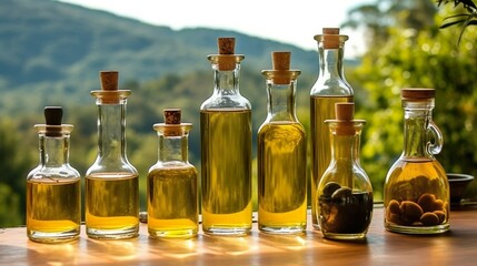 bottles of olive oil on wooden table with blur background
