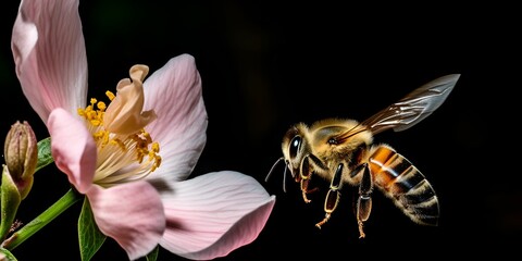 AI generated illustration of a honey bee flying next to a blossoming wildflower on black background - obrazy, fototapety, plakaty