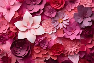 Artistic floral arrangement featuring pink and purple paper flowers, AI-generated.