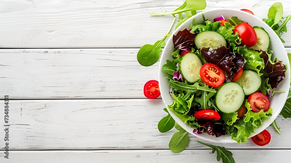 Poster fresh salad with fruits and greens on white wooden background top view with space for text. healthy 