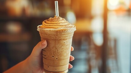 Fototapeta premium Cafe customer sipping iced coffee with straw on blurred background, ideal for text placement
