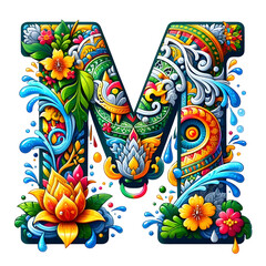 The Letter M comes in a Songkran clip art theme on a white background.