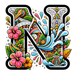 The Letter N comes in a Songkran clip art theme on a white background.