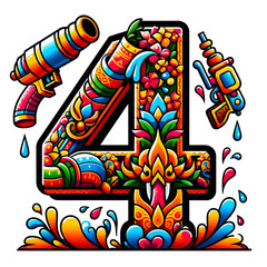 The Number 4 comes in a Songkran clip art theme on a white background.