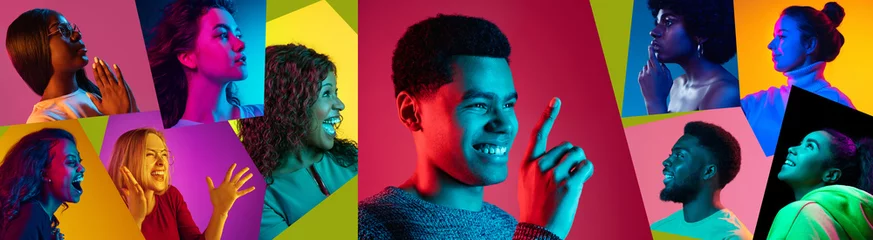 Papier Peint photo Échelle de hauteur Collage made of close-up portrait of young people of different age, gender and nationality, smiling against multicolored background in neon light. Happiness. Concept of human emotions, youth