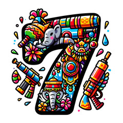 The Number 7 comes in a Songkran clip art theme on a white background.