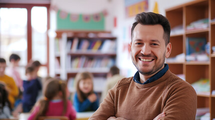 Smiling Educator in Brown Sweater Teaching at Elementary School