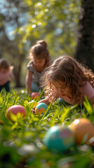  children gathering eggs outdoors on Easter,ai