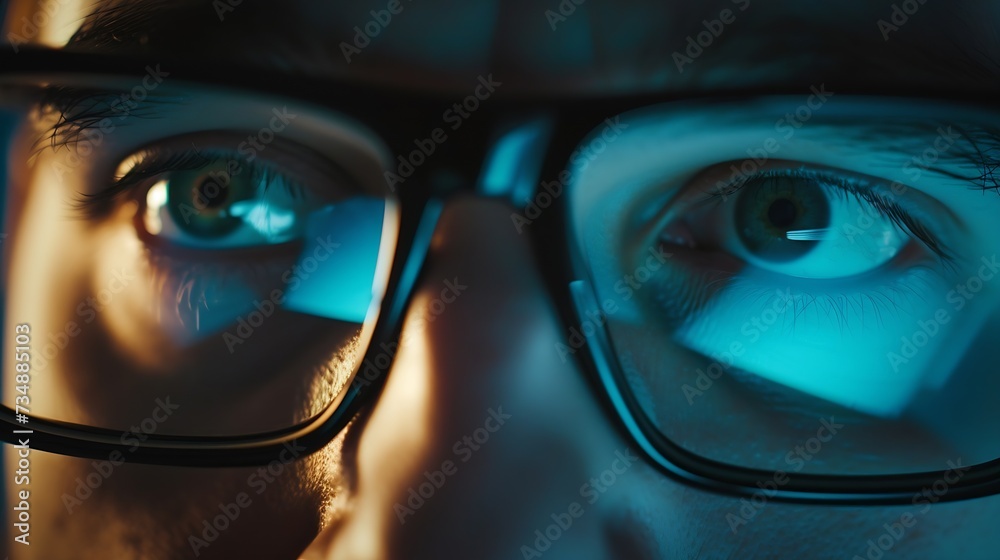 Poster macro eyes web surfer and the office worker, insurance broker, workaholic, while working in the offi