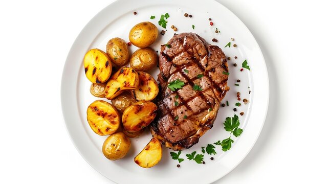 grilled beef steak and potatoes on plate isolated on white background, top view : Generative AI
