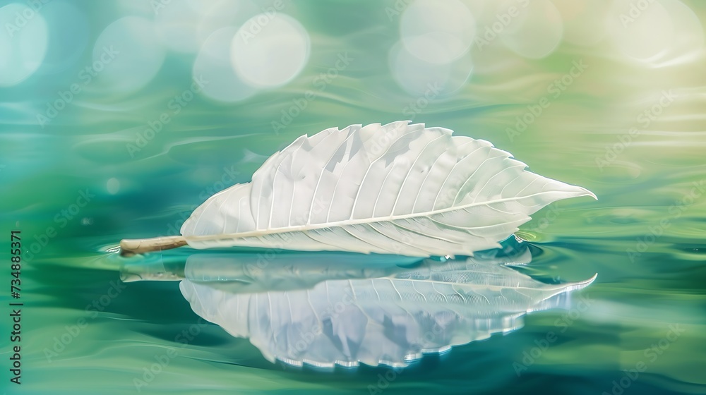 Poster White transparent leaf on mirror surface with reflection on green background macro. Abstract artistic image of ship in waters of lake. Template Border natural dreamy artistic image for : Generative AI