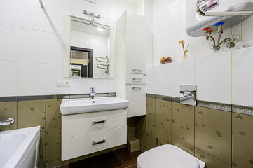 interior apartment room bathroom, sink, decorative elements, toilet. WC, sanitary unit, wash room