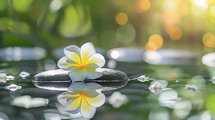 Zelfklevend Fotobehang Zen spa concept background - Zen massage stones with frangipani plumeria flower in water reflection : Generative AI © Generative AI