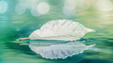 White transparent leaf on mirror surface with reflection on green background macro. Abstract artistic image of ship in waters of lake. Template Border natural dreamy artistic image for : Generative AI